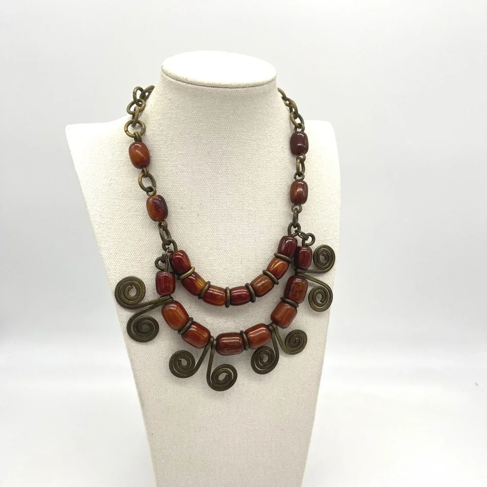 Vintage Phenolic Bakelite Brass Spiral Bib‎ Statement Necklace Tribal